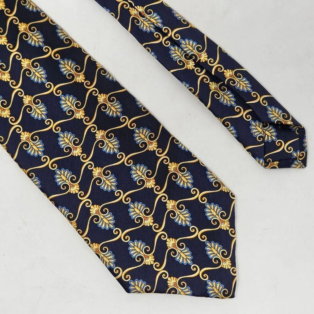 LUGANO ITALIA HAND MADE SILK TIE NAVY BLUE GOLD BAROQUE LUXURY 3.5" X 60" - Picture 1 of 4